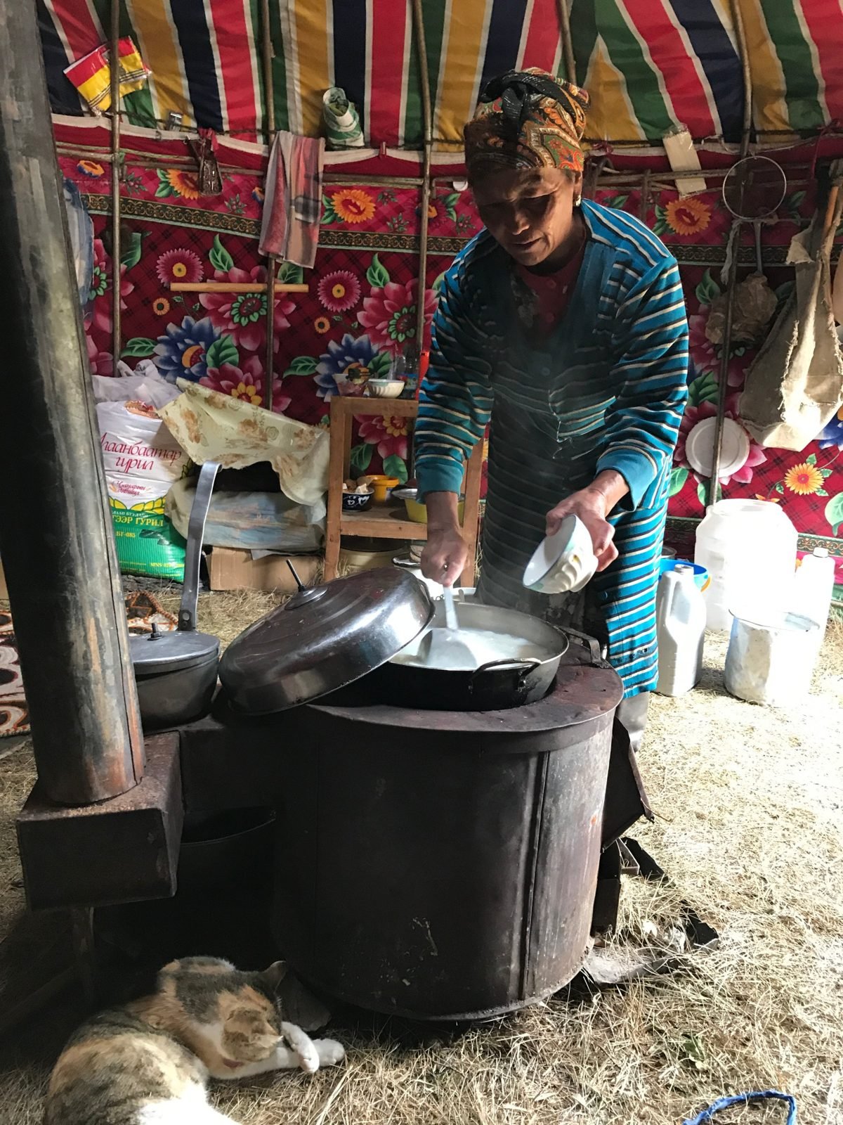 A woman in a striped coat and headscarf ladling from a pan on the stove of her ger, with a cat asleep beside it